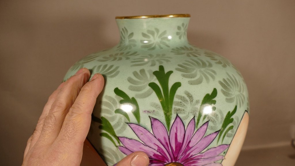Large Potiche Vase Decor With Limoges Porcelain Flowers, Art Deco Period-photo-4