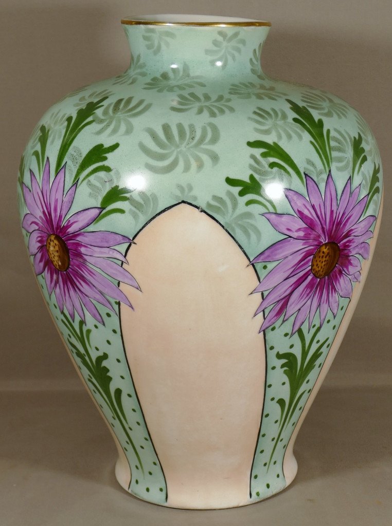 Grand Vase Potiche Décor Aux Fleurs Porcelaine De Limoges, époque Art Déco