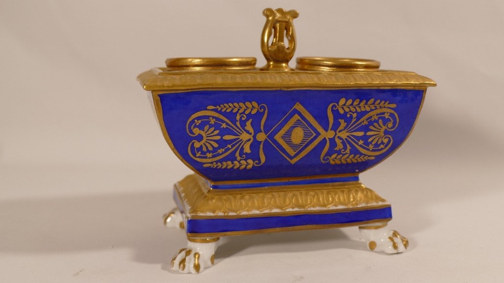 Samson, After Dagoty, Inkwell In Blue And Golden Restoration Porcelain, XIXth-photo-2