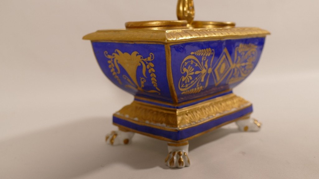 Samson, After Dagoty, Inkwell In Blue And Golden Restoration Porcelain, XIXth-photo-3