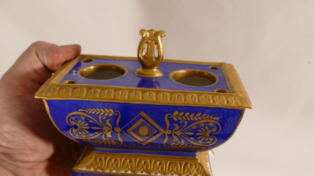 Samson, After Dagoty, Inkwell In Blue And Golden Restoration Porcelain, XIXth-photo-4