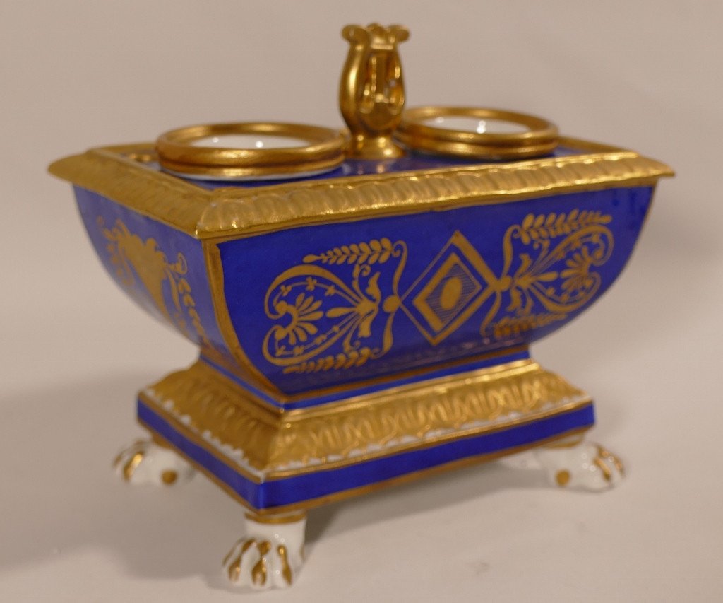 Samson, After Dagoty, Inkwell In Blue And Golden Restoration Porcelain, XIXth