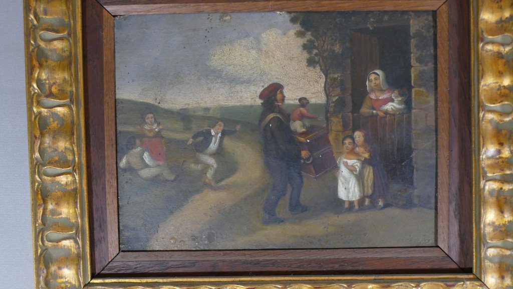 Tableau L'Organiste Ambulant et son  Singe Avec Enfants, époque Début XIX ème-photo-3