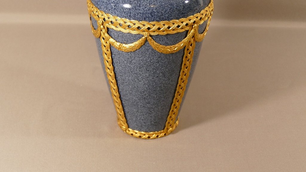 Vase En Faïence Bleu Gris Moucheté Granit Et Bronze Doré, époque XIX ème-photo-2