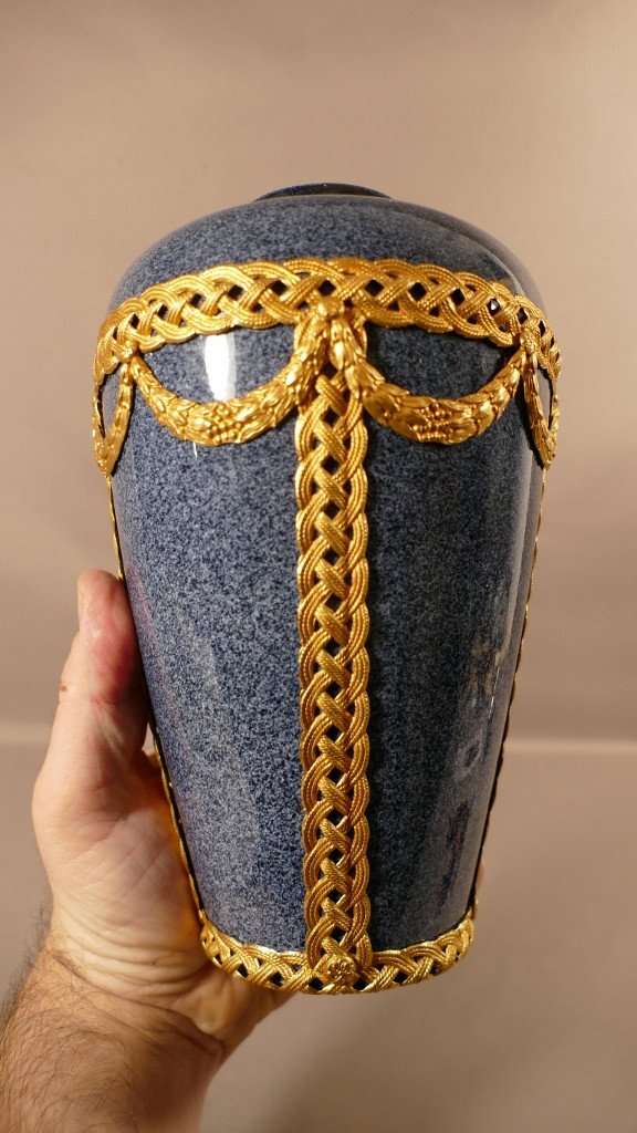 Vase En Faïence Bleu Gris Moucheté Granit Et Bronze Doré, époque XIX ème-photo-4