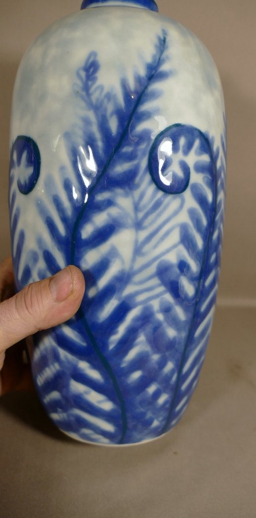 Camille Tharaud, Grand Vase Art Déco Fougères Bleues En Porcelaine De Limoges-photo-1