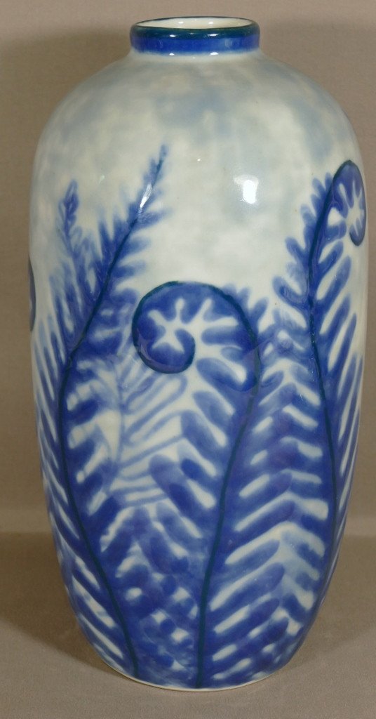 Camille Tharaud, Grand Vase Art Déco Fougères Bleues En Porcelaine De Limoges