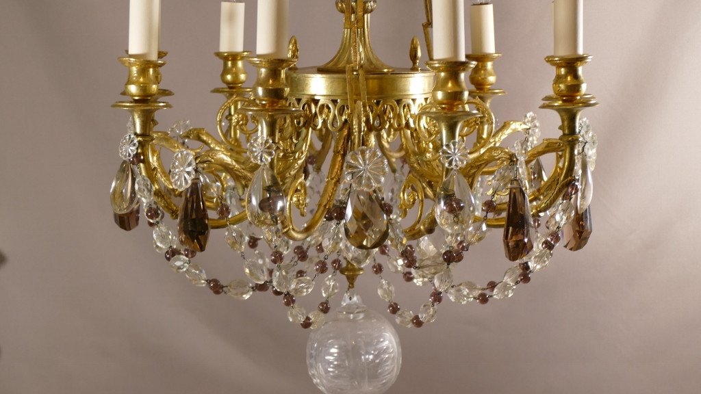 9-light Chandelier With Eagles In Gilt Bronze And Transparent Crystal And Amethyst, Early 20th Century-photo-1
