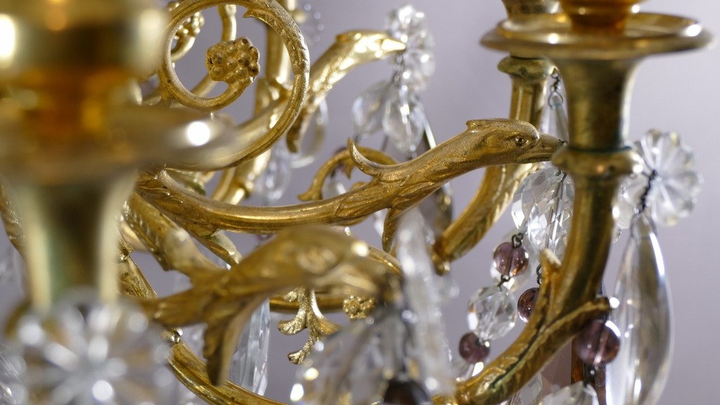 9-light Chandelier With Eagles In Gilt Bronze And Transparent Crystal And Amethyst, Early 20th Century-photo-4