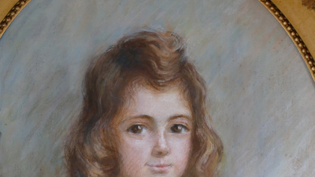 Grand Portrait d'Une Fillette Au Pastel Daté 1904 Signé Mad, Cadre Ovale Bois Doré-photo-7