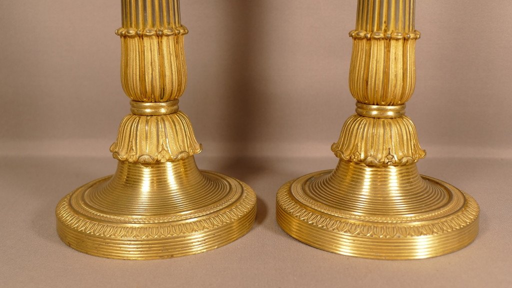 Pair Of Charles X Candlesticks Restoration In Gilt Bronze, Early XIXth Time-photo-2