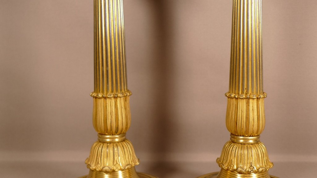 Pair Of Charles X Candlesticks Restoration In Gilt Bronze, Early XIXth Time-photo-3