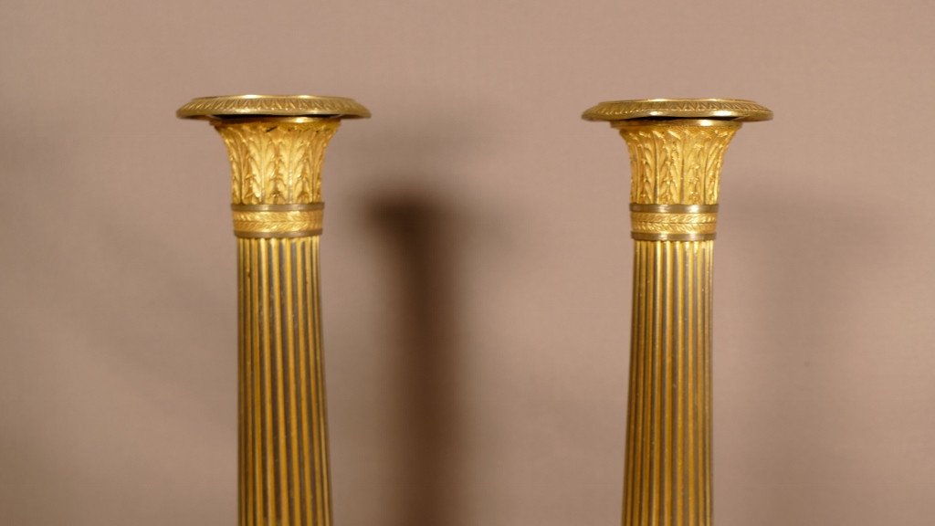 Pair Of Charles X Candlesticks Restoration In Gilt Bronze, Early XIXth Time-photo-4