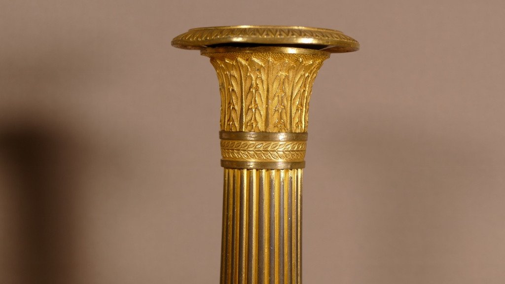 Pair Of Charles X Candlesticks Restoration In Gilt Bronze, Early XIXth Time-photo-1