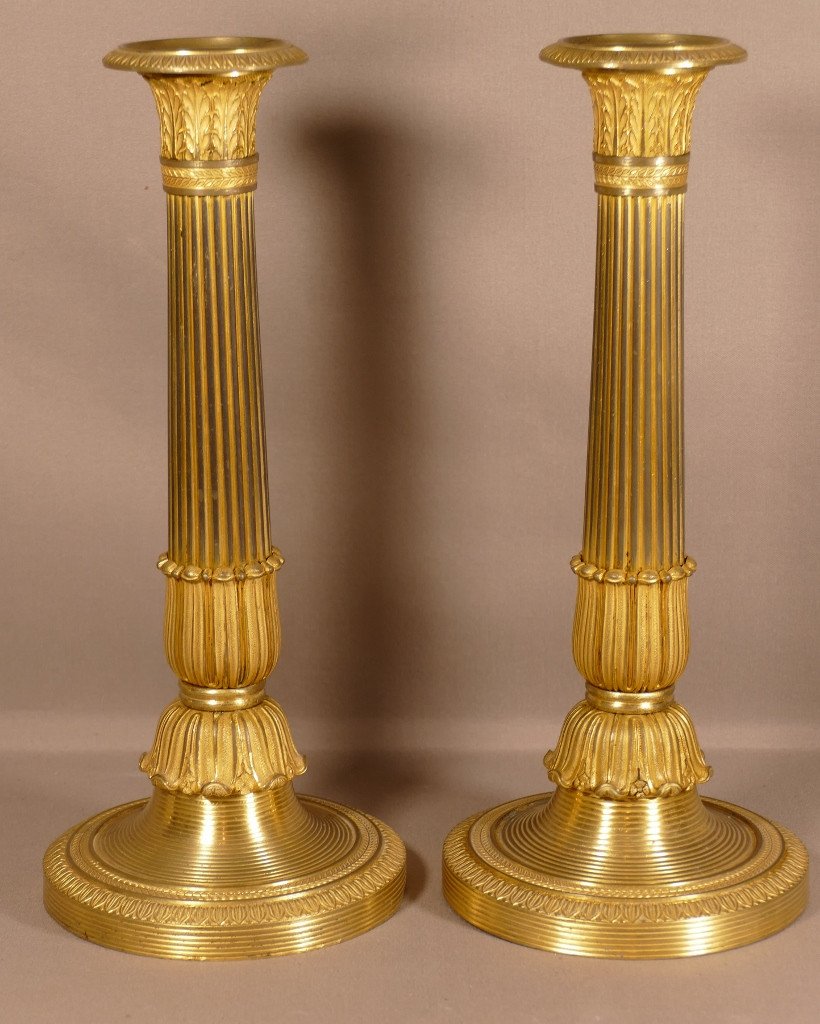 Pair Of Charles X Candlesticks Restoration In Gilt Bronze, Early XIXth Time
