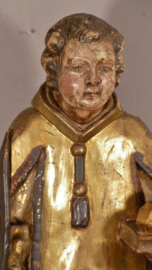 Saint Etienne, Statue Religieuse XVIII ème, Bois Sculpté Polychrome Et Doré-photo-2