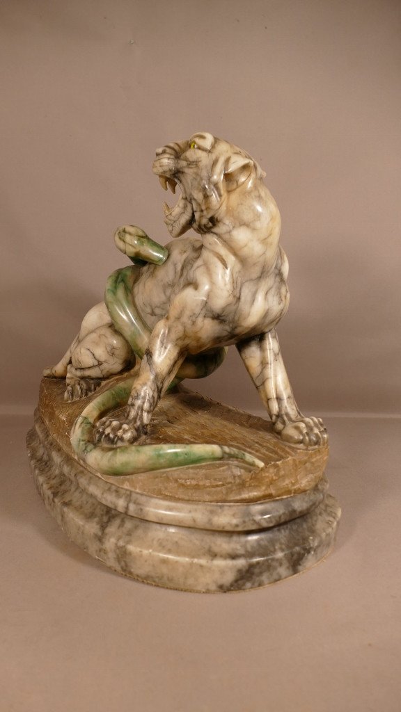 Panther Attacked By Snake, Important Animal Group In Marble, Late XIX-photo-3