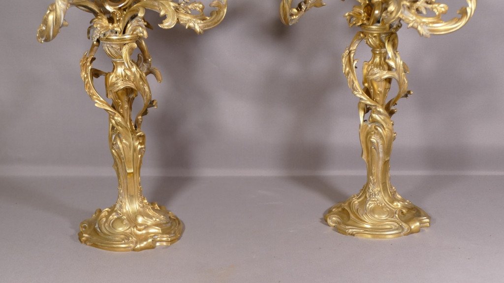 Paire De Chandeliers Louis XV Rocaille En Bronze Doré, époque XIX ème-photo-3