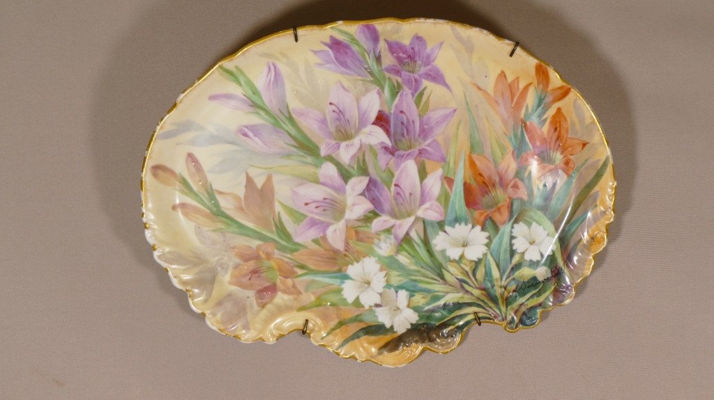 Roses And Gladiolus, Pair Of Hand Painted Porcelain Dishes By Sénamaud, Late 19th Century-photo-2