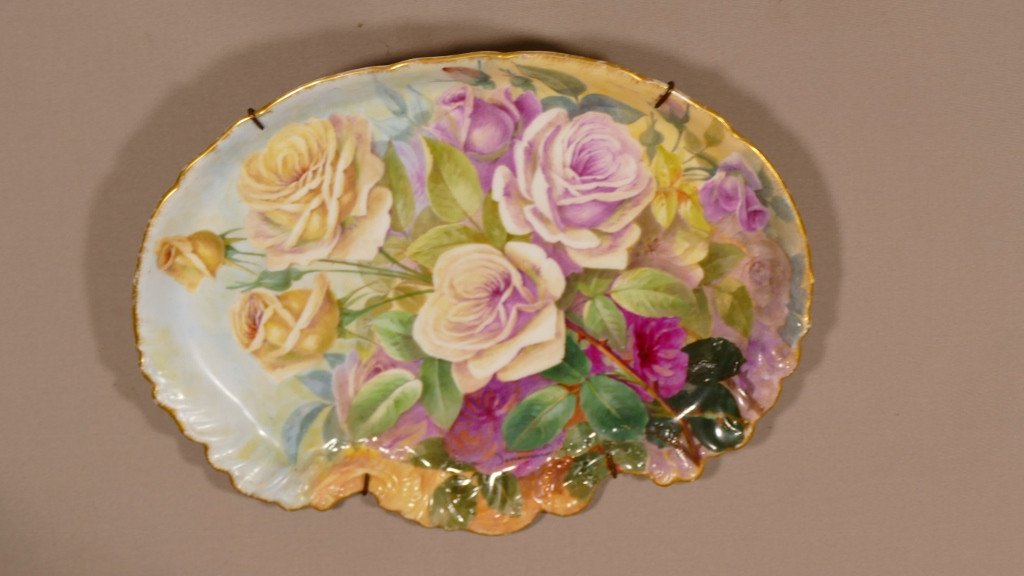 Roses And Gladiolus, Pair Of Hand Painted Porcelain Dishes By Sénamaud, Late 19th Century-photo-3