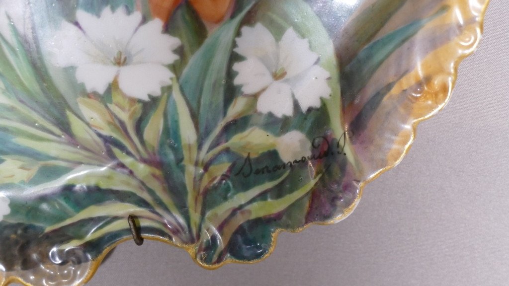 Roses And Gladiolus, Pair Of Hand Painted Porcelain Dishes By Sénamaud, Late 19th Century-photo-4
