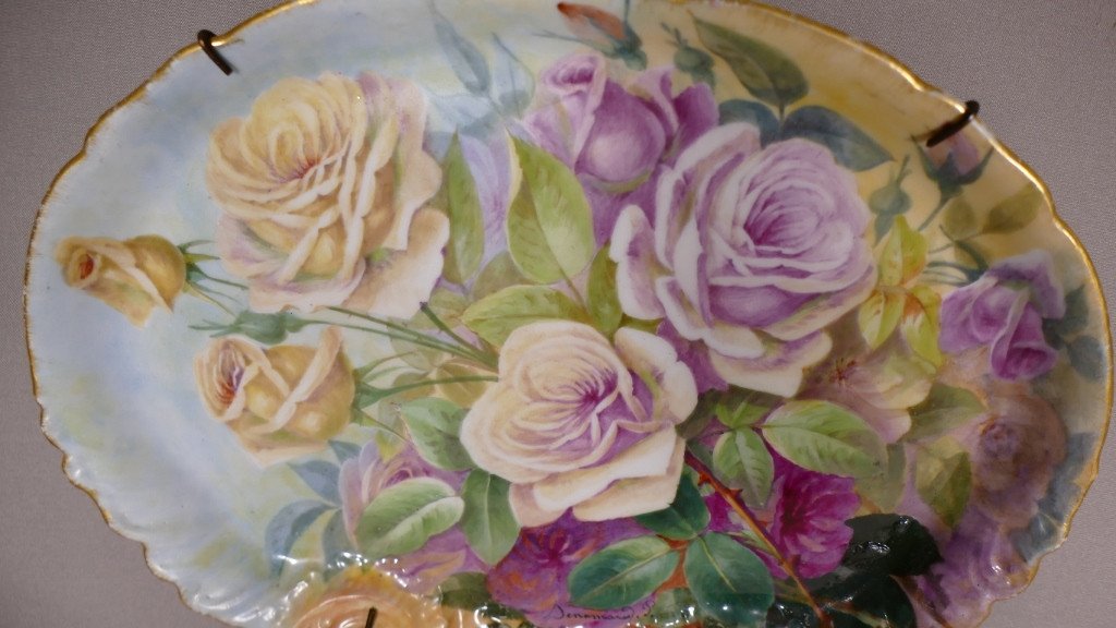 Roses And Gladiolus, Pair Of Hand Painted Porcelain Dishes By Sénamaud, Late 19th Century-photo-2