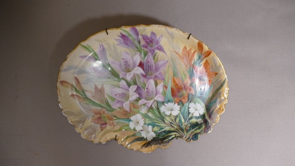 Roses And Gladiolus, Pair Of Hand Painted Porcelain Dishes By Sénamaud, Late 19th Century-photo-3