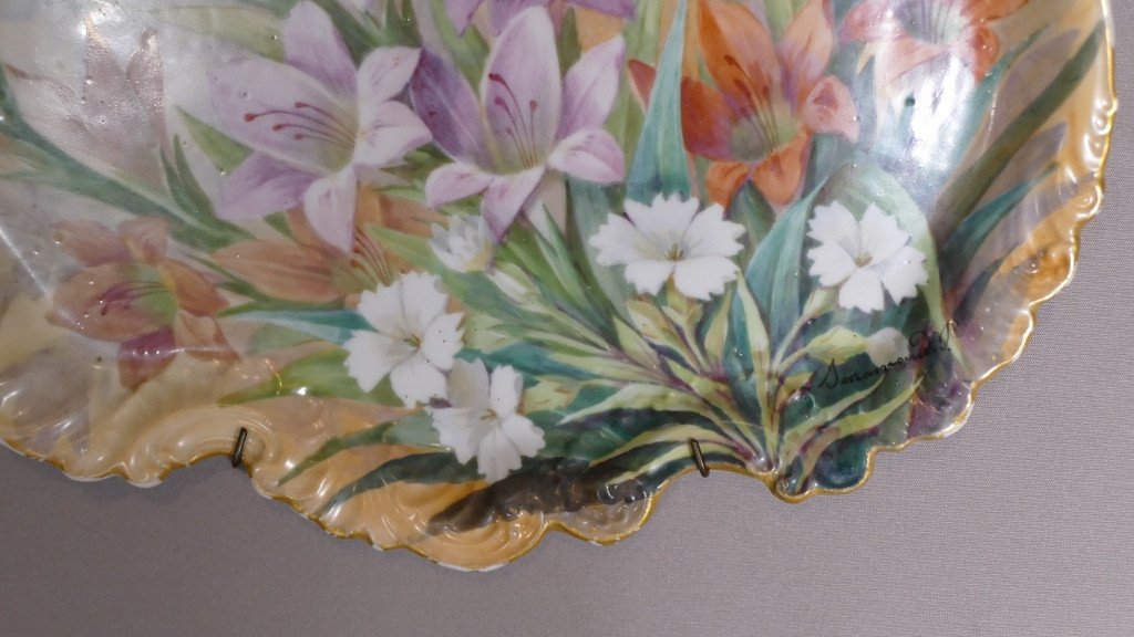 Roses And Gladiolus, Pair Of Hand Painted Porcelain Dishes By Sénamaud, Late 19th Century-photo-5
