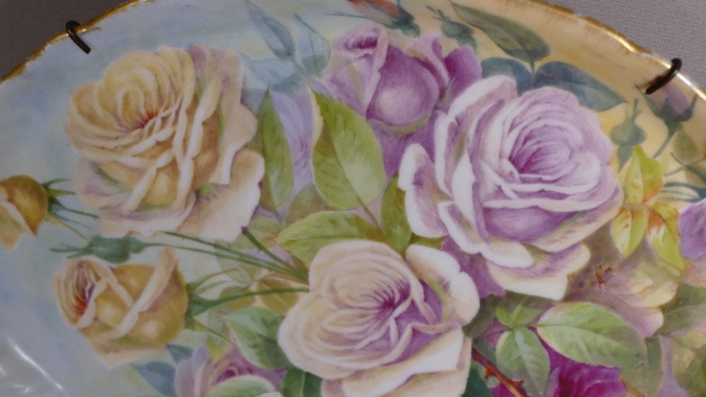 Roses And Gladiolus, Pair Of Hand Painted Porcelain Dishes By Sénamaud, Late 19th Century-photo-6