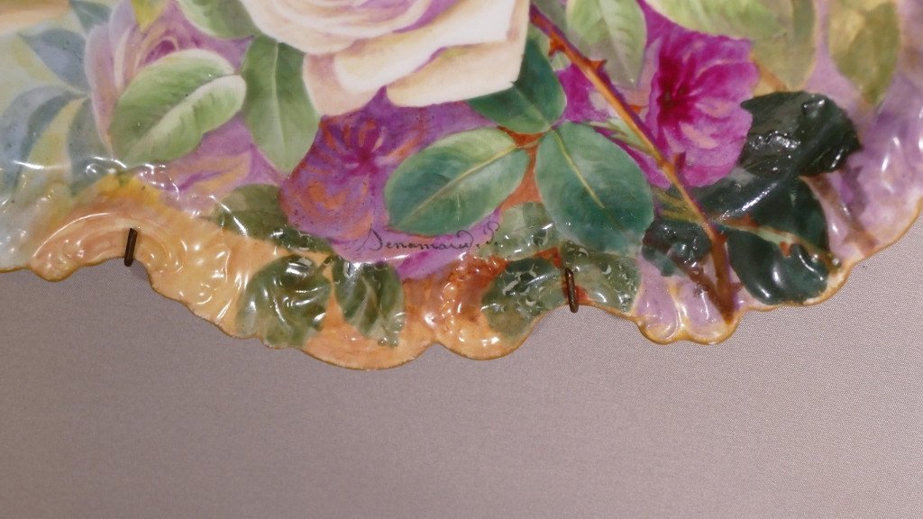 Roses And Gladiolus, Pair Of Hand Painted Porcelain Dishes By Sénamaud, Late 19th Century-photo-7