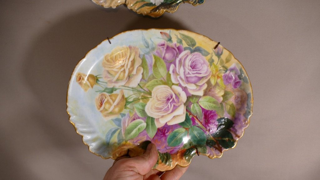 Roses And Gladiolus, Pair Of Hand Painted Porcelain Dishes By Sénamaud, Late 19th Century-photo-8