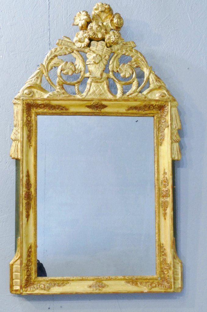 Miroir Empire En Bois Sculpté Et Doré à Fronton d'époque Début XIX ème