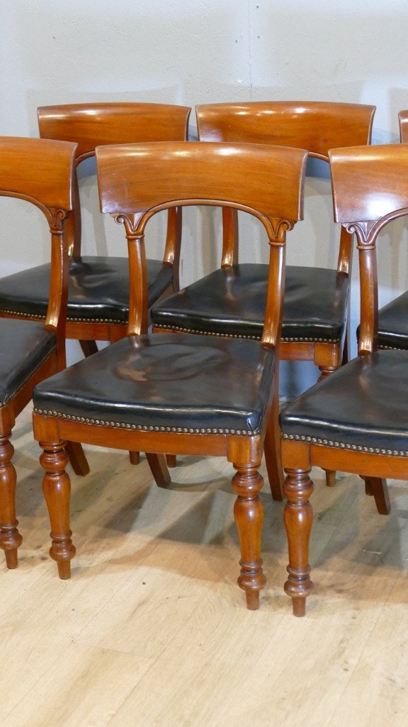 6 Regency Charles X Headband Chairs In Mahogany And Leather, Early XIXth Time-photo-3