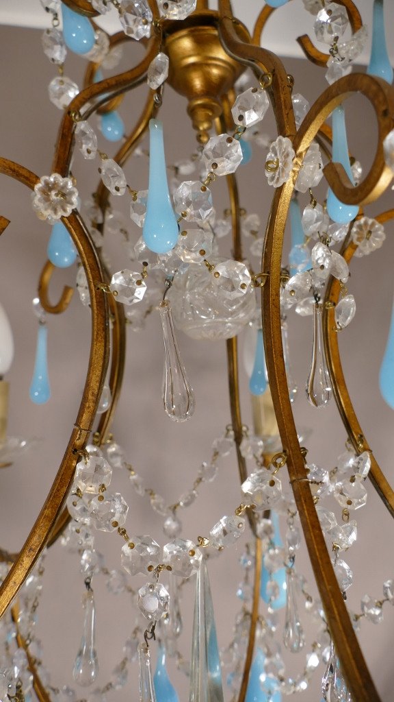 Cage Chandelier With Turquoise Drops In Opaline And Golden Iron, Mid Twentieth Time-photo-3