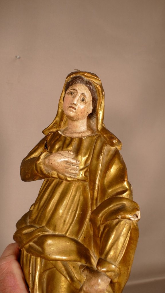 Vierge En Bois Sculpté Doré à La Feuille époque Fin XVIII ème-photo-3