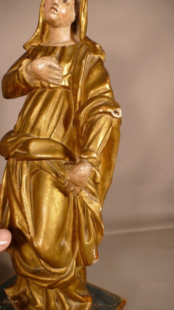 Vierge En Bois Sculpté Doré à La Feuille époque Fin XVIII ème-photo-4