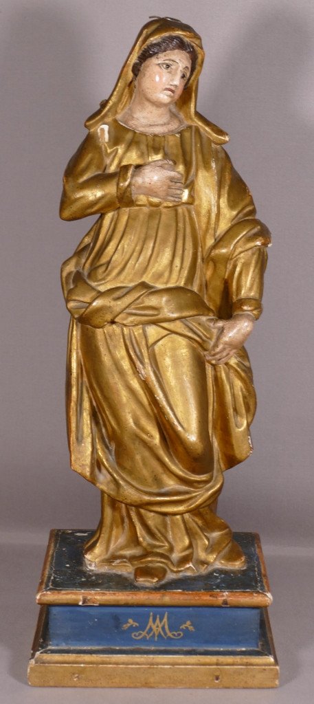 Vierge En Bois Sculpté Doré à La Feuille époque Fin XVIII ème