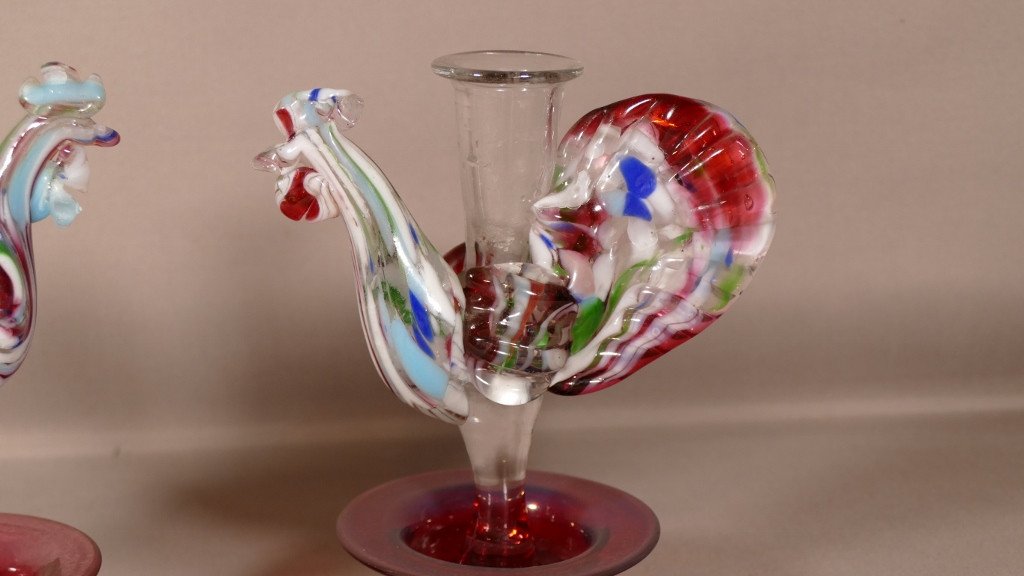 Pair Of Candlesticks With Roosters In Murano Glass, Eighteenth Century-photo-3