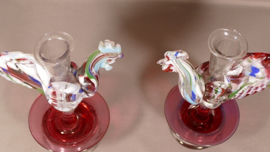 Pair Of Candlesticks With Roosters In Murano Glass, Eighteenth Century-photo-1