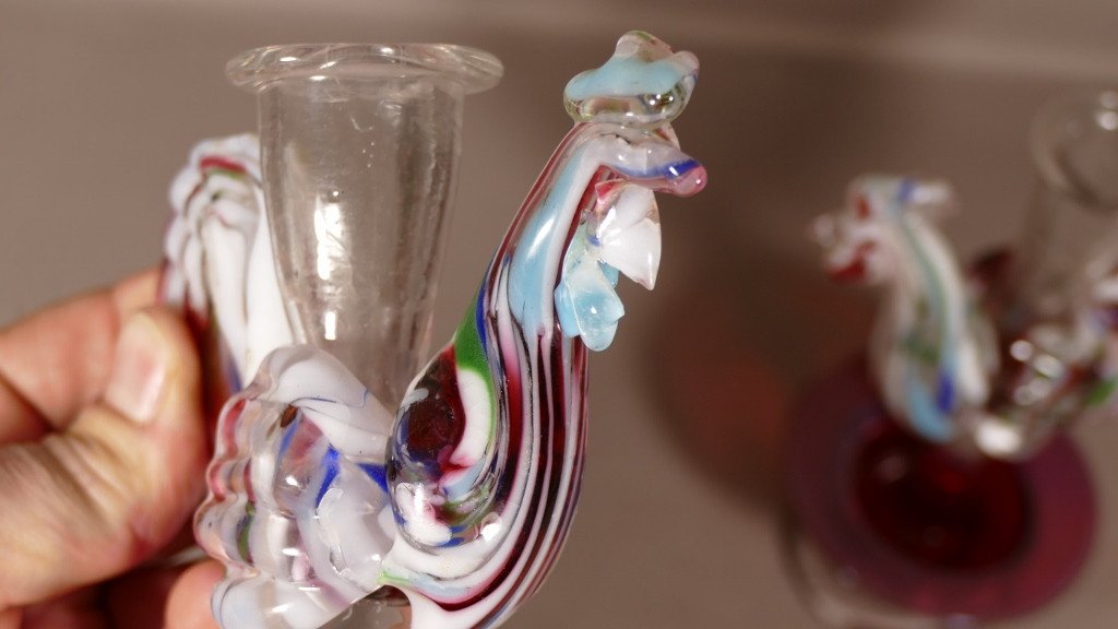 Pair Of Candlesticks With Roosters In Murano Glass, Eighteenth Century-photo-4