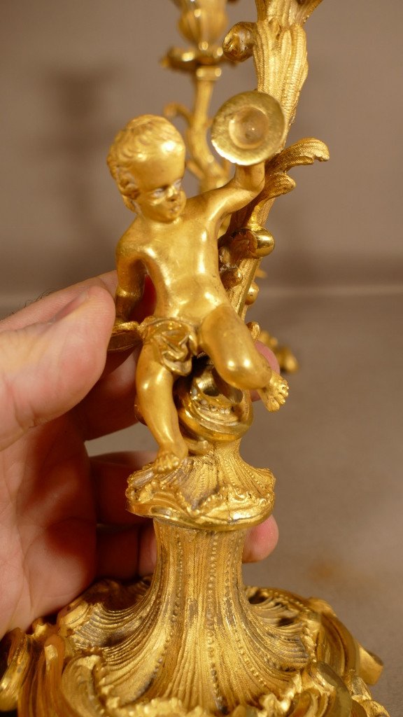 Pair Of Candlesticks For Children Musicians In Gilt Bronze, XIXth Time-photo-4