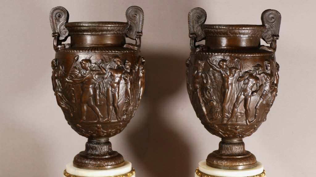 Pair Of Cassolettes Or Urns In The Antique In Bronze And Marble, Barbedienne Colas, XIX-photo-2