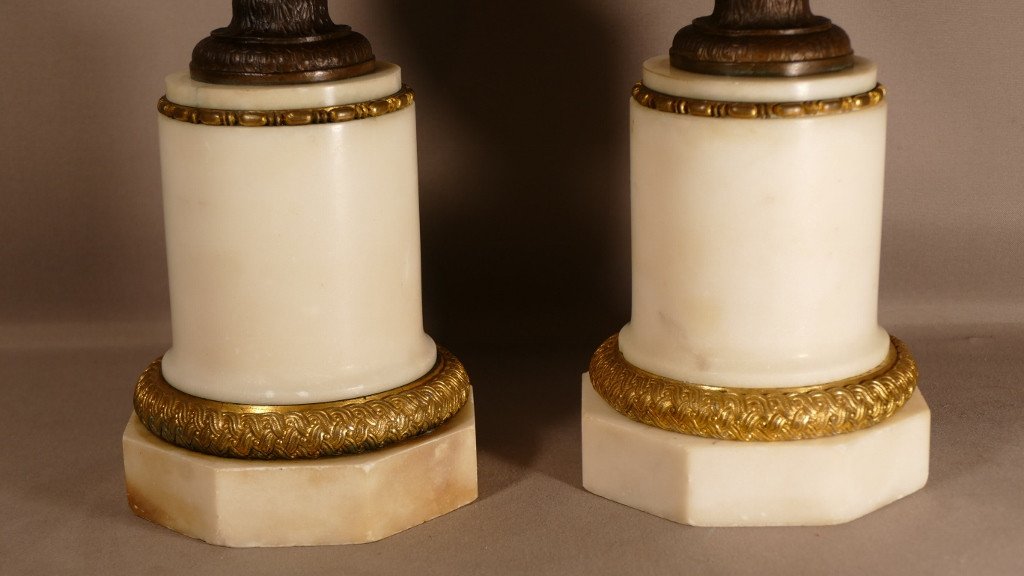 Pair Of Cassolettes Or Urns In The Antique In Bronze And Marble, Barbedienne Colas, XIX-photo-3