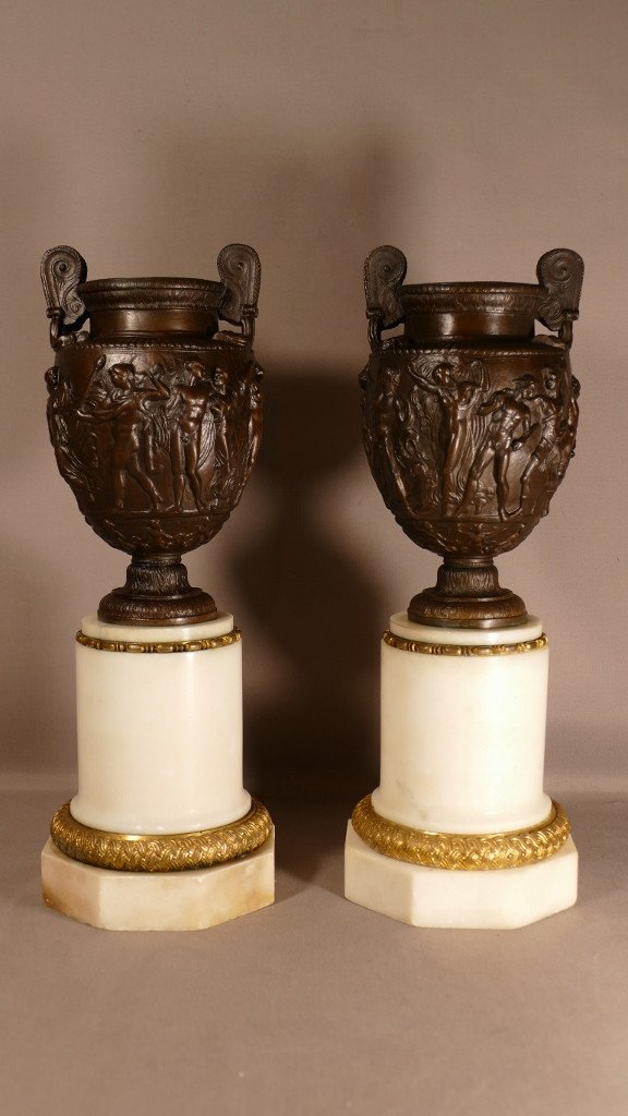 Pair Of Cassolettes Or Urns In The Antique In Bronze And Marble, Barbedienne Colas, XIX-photo-4
