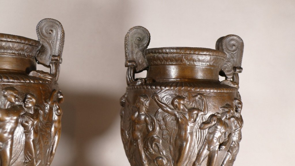 Pair Of Cassolettes Or Urns In The Antique In Bronze And Marble, Barbedienne Colas, XIX-photo-4