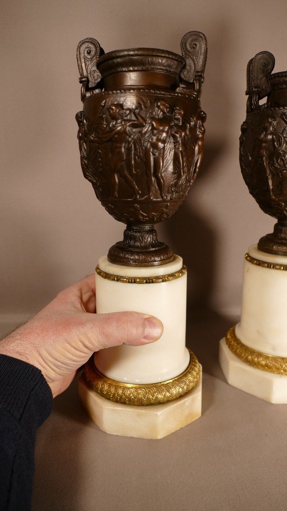 Pair Of Cassolettes Or Urns In The Antique In Bronze And Marble, Barbedienne Colas, XIX-photo-6