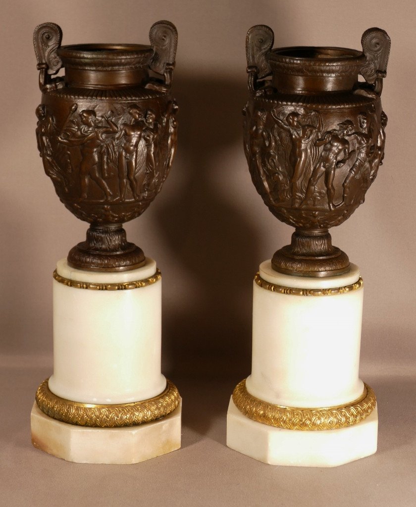 Pair Of Cassolettes Or Urns In The Antique In Bronze And Marble, Barbedienne Colas, XIX
