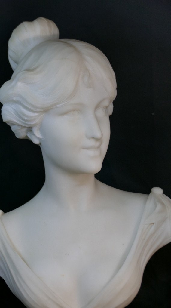 Pugi Brothers, Large Female Bust In White Carrara Marble, Art Nouveau Period-photo-4