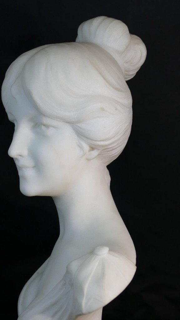 Pugi Brothers, Large Female Bust In White Carrara Marble, Art Nouveau Period-photo-6