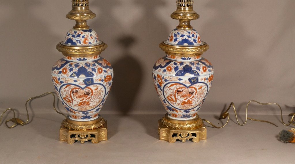 Paire De Lampes Imari En Porcelaine Et Bronze Doré, époque XIX ème-photo-2